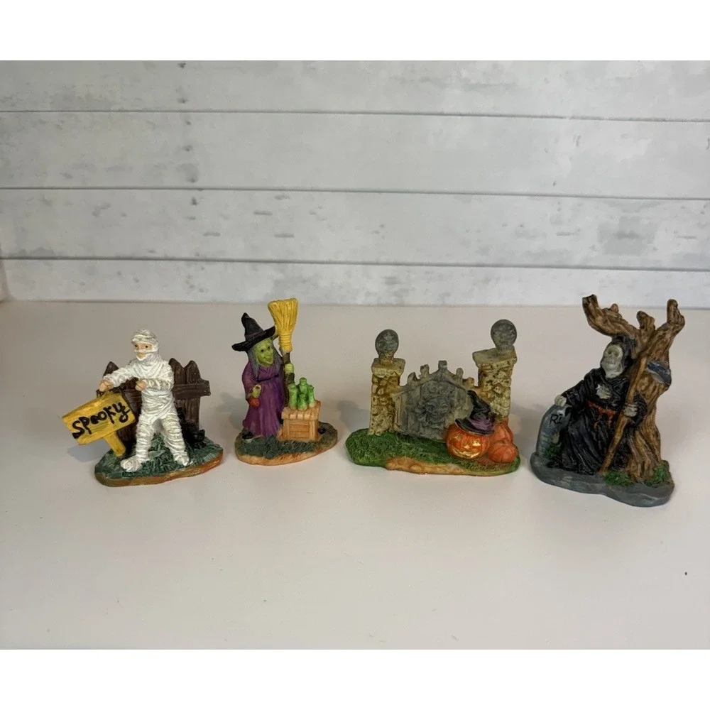 Halloween Miniature Figurines Lot of 4 Witch Mummy Graveyard Reaper